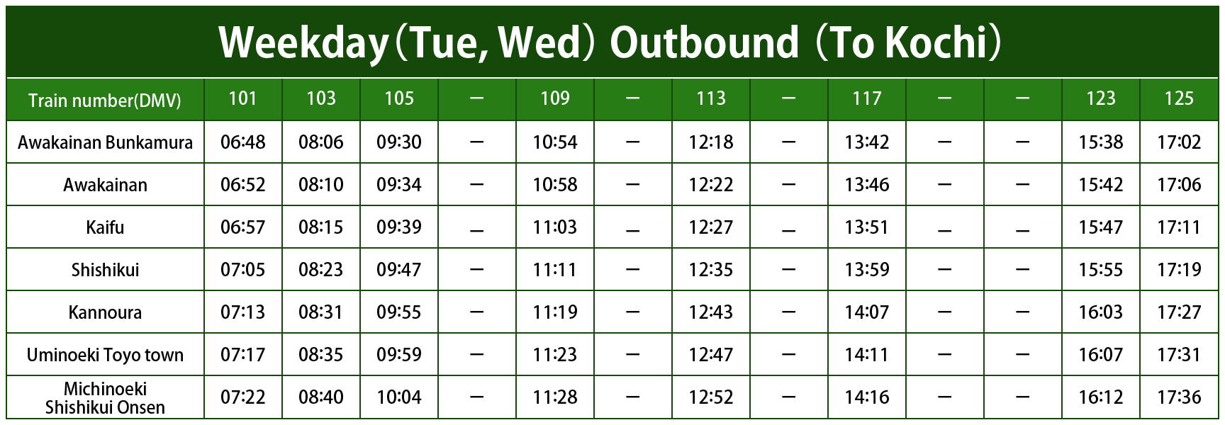 Timetable Weekday (Tue, Wed) Outbound (To Kochi)